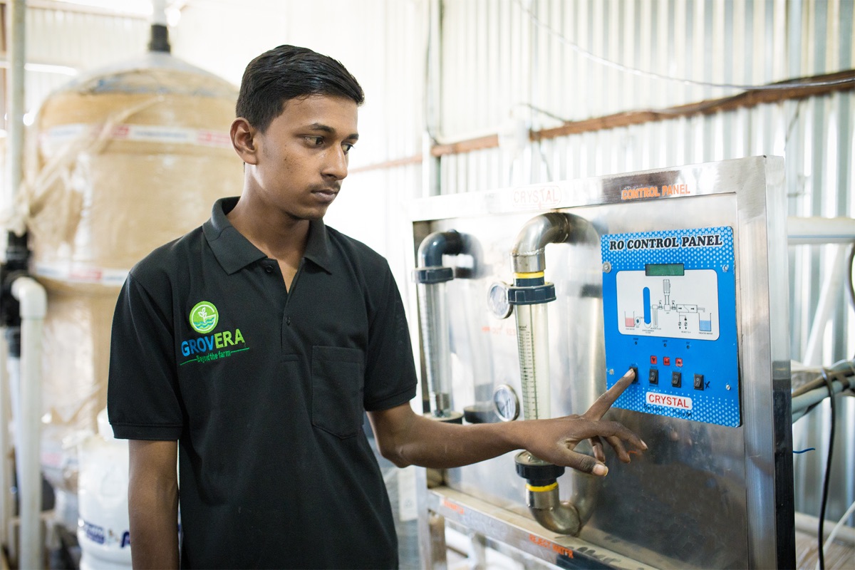 Inside Grovera Farms NVPH polyhouse showing rows of crops under protected cultivation